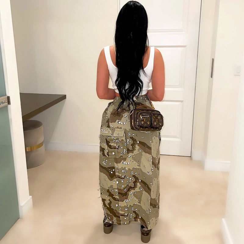 RQR High Waist Camouflage Split Skirt w/ Pockets - Real Queen Royalty